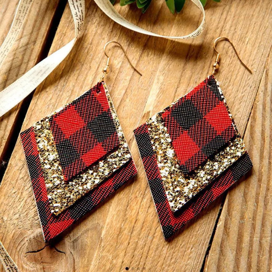 3 Layered Sequin Plaid Leather Earrings