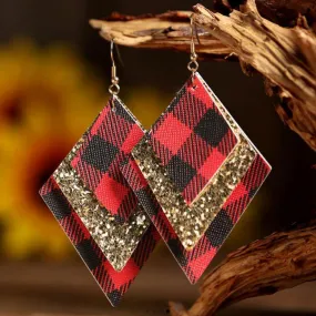 3 Layered Sequin Plaid Leather Earrings