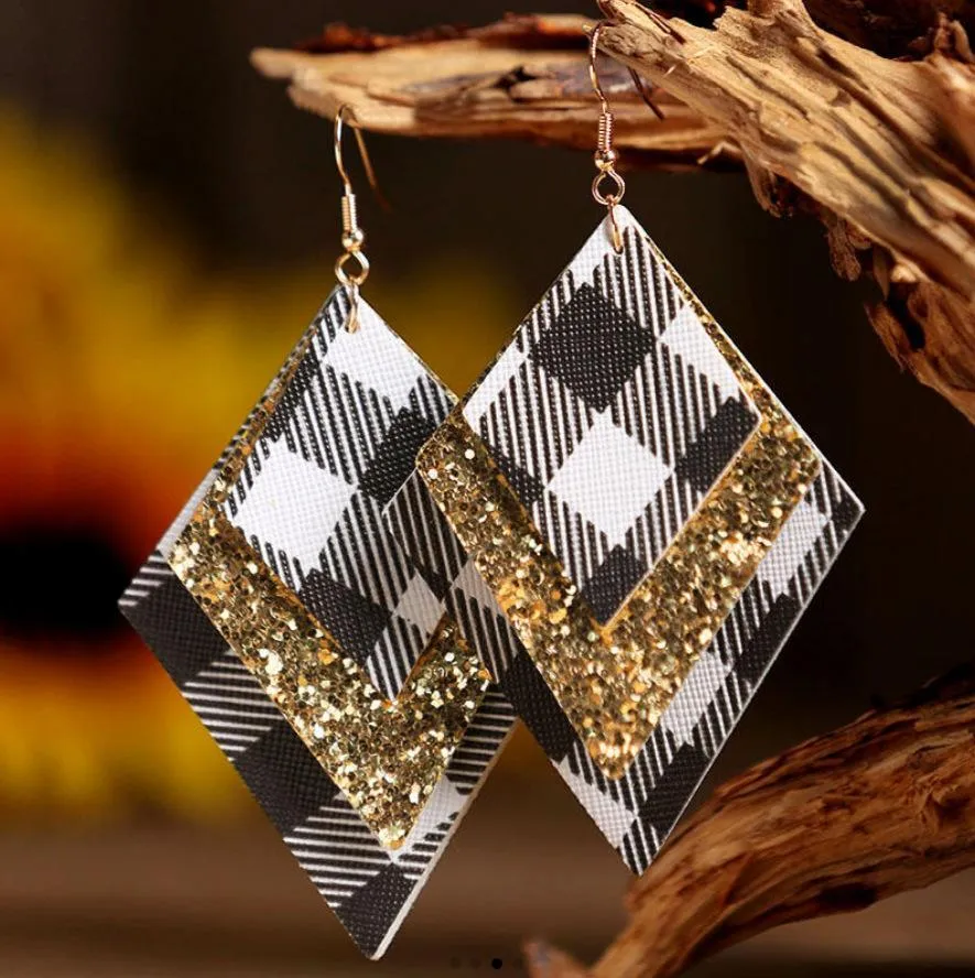3 Layered Sequin Plaid Leather Earrings