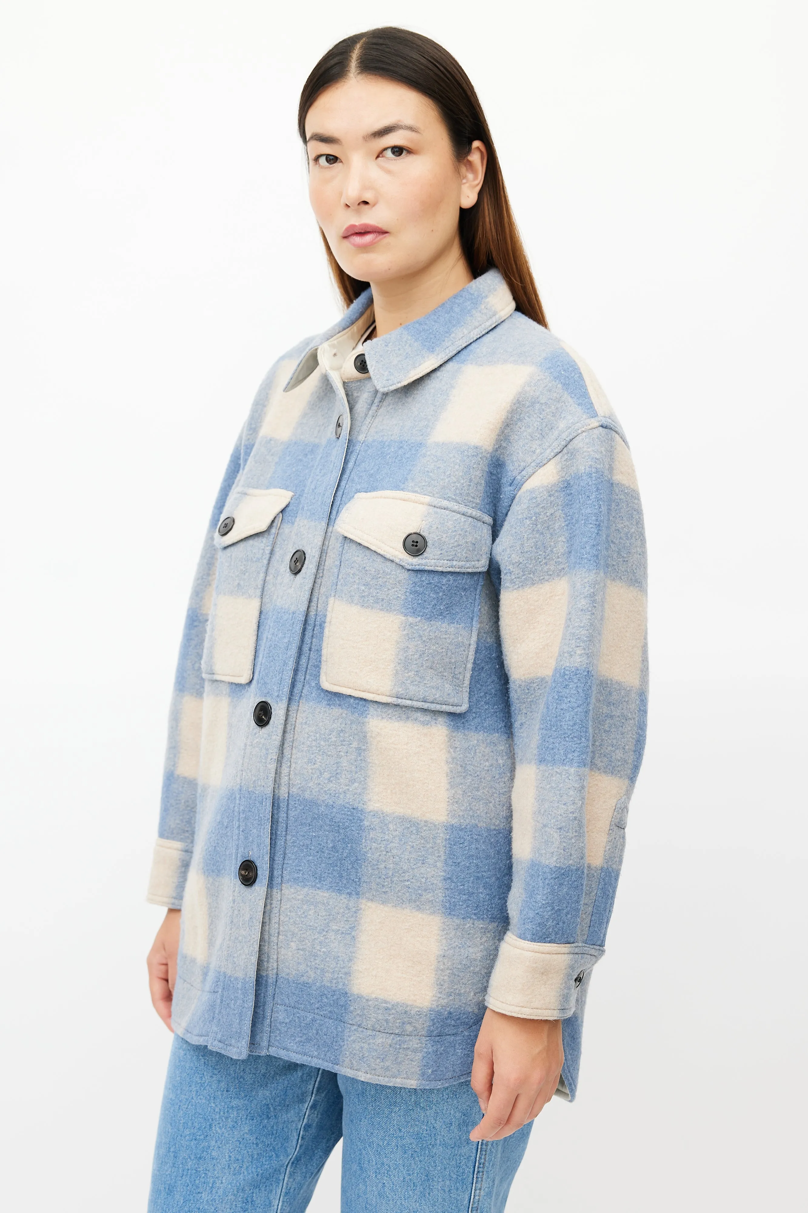 Blue & Beige Plaid Shirt Jacket