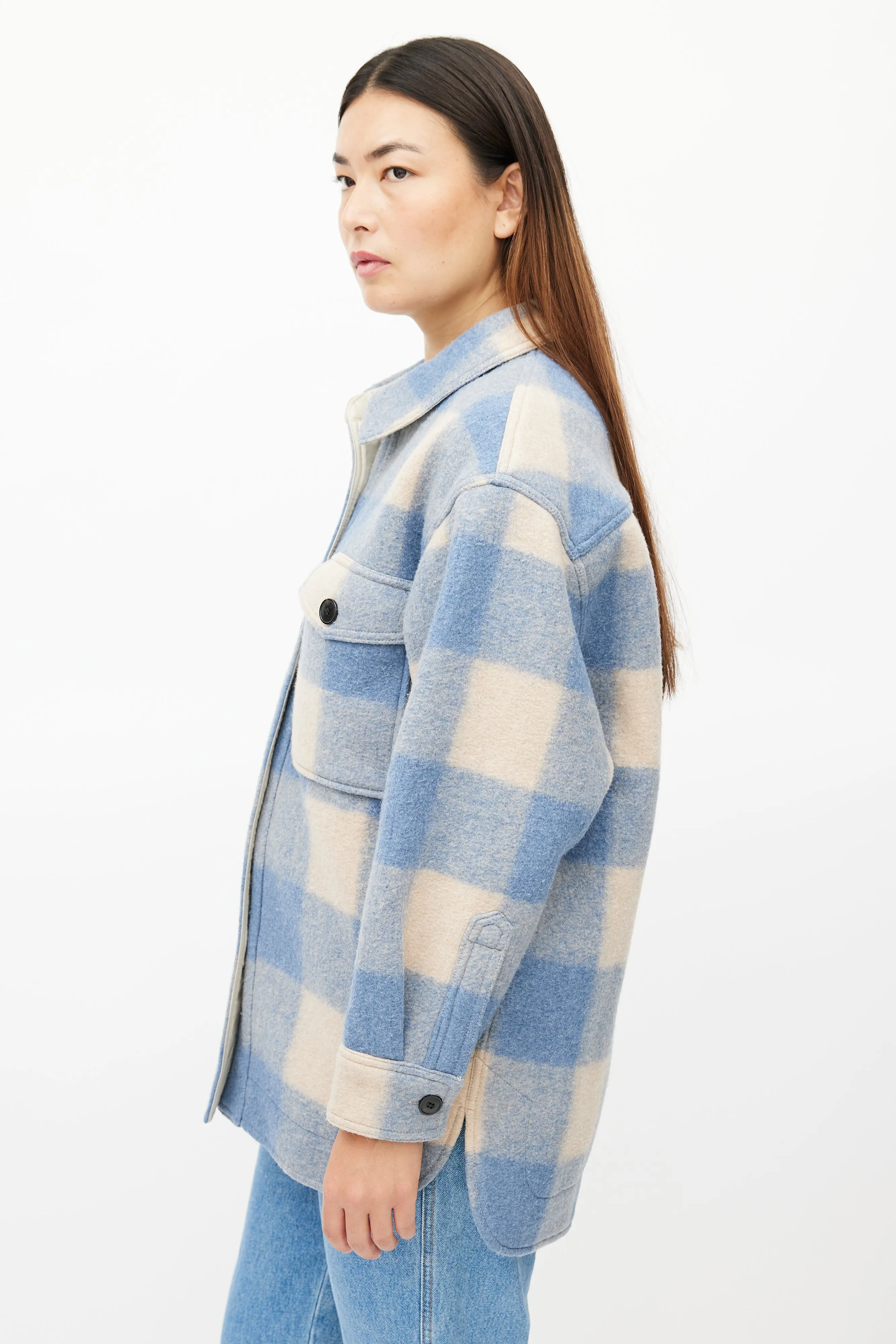 Blue & Beige Plaid Shirt Jacket