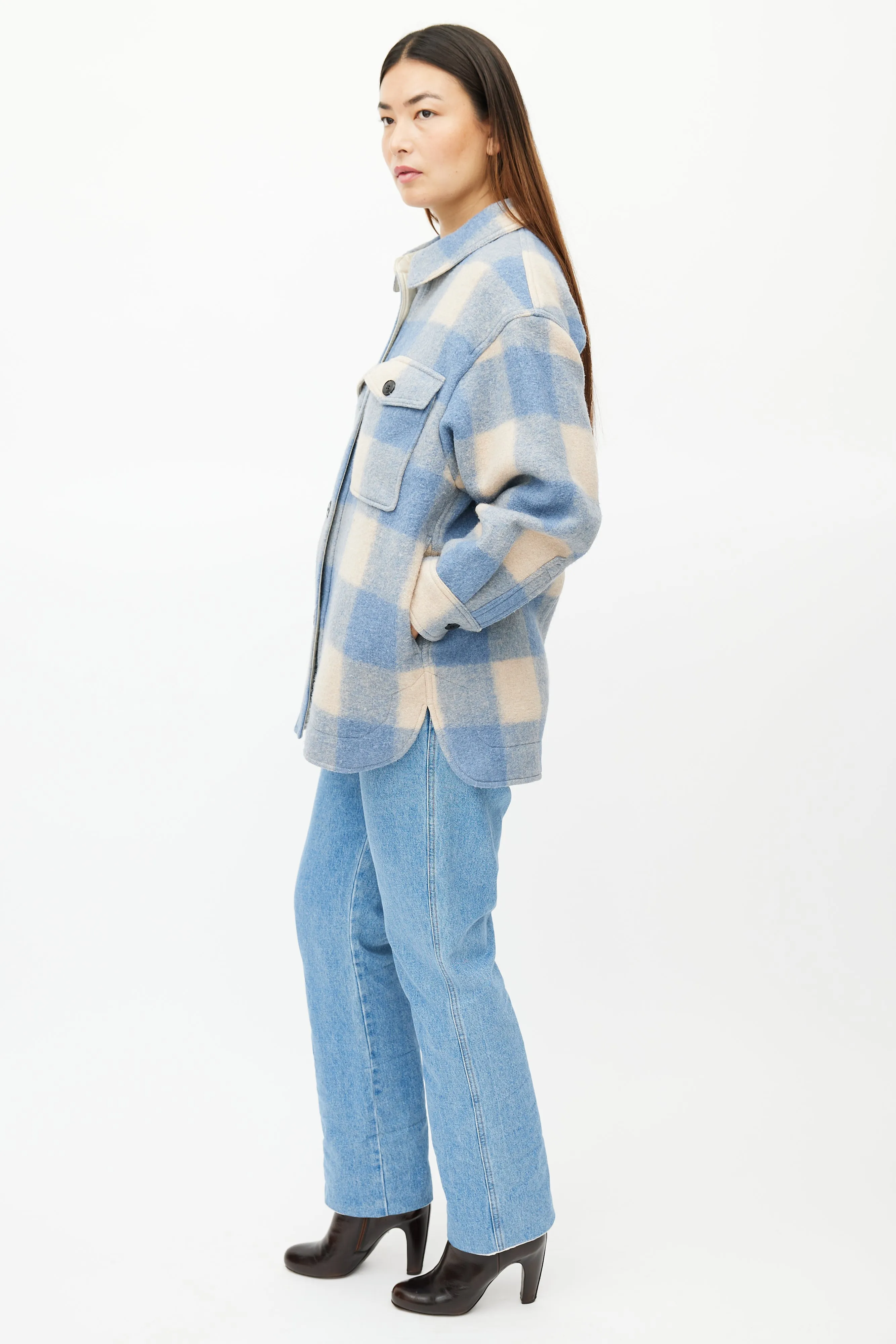 Blue & Beige Plaid Shirt Jacket