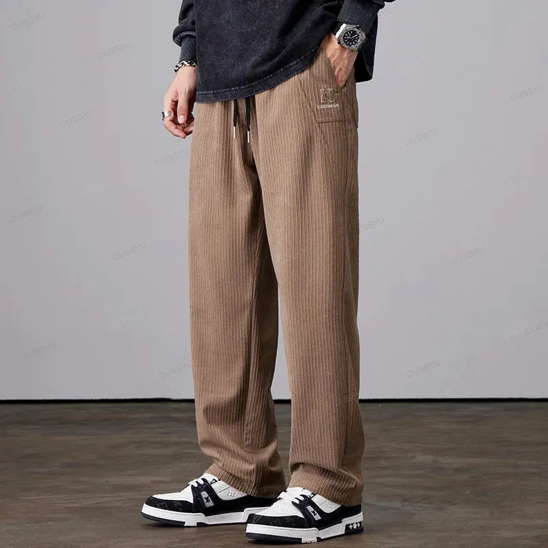 Clothing Stripe Corduroy Pants Men Elastic Waist Drawstring Casual Trousers