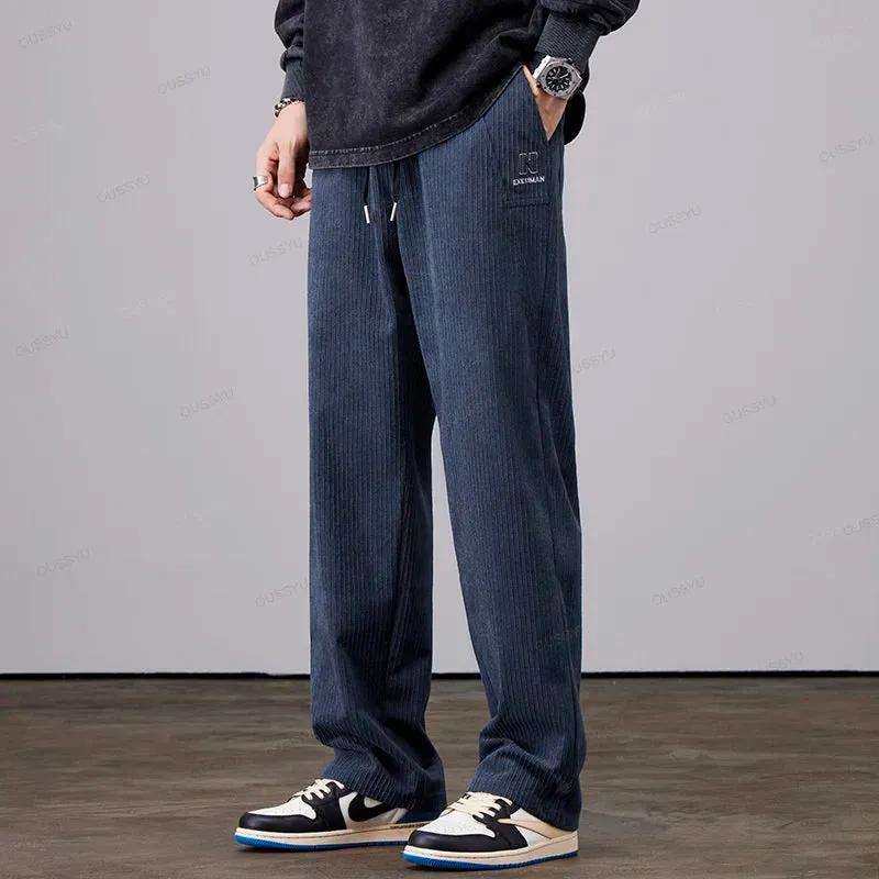 Clothing Stripe Corduroy Pants Men Elastic Waist Drawstring Casual Trousers