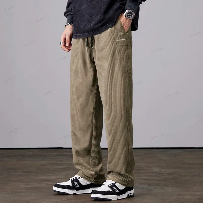 Clothing Stripe Corduroy Pants Men Elastic Waist Drawstring Casual Trousers
