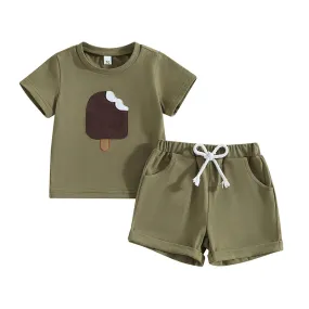 Green Summer Popsicle Embroidery T-Shirt and Shorts Set