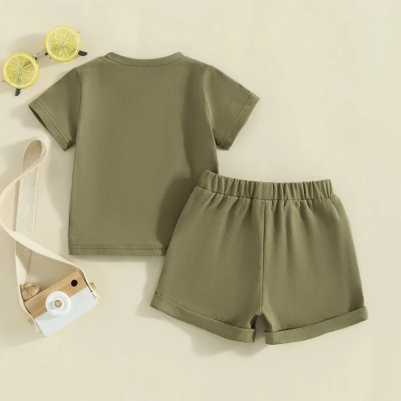 Green Summer Popsicle Embroidery T-Shirt and Shorts Set
