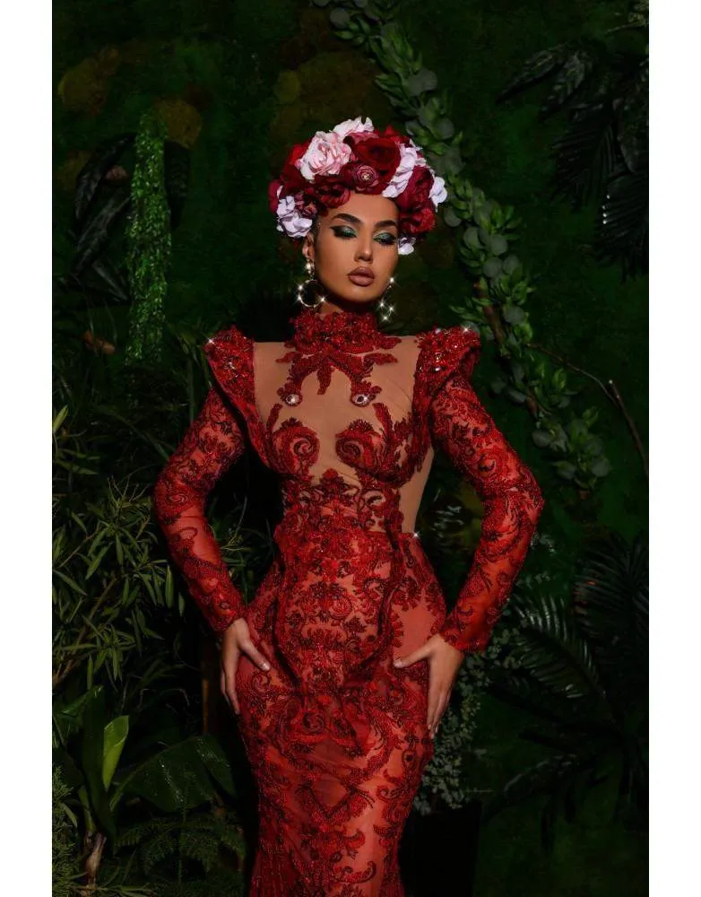Luxury Evening Gown Maroon with Net