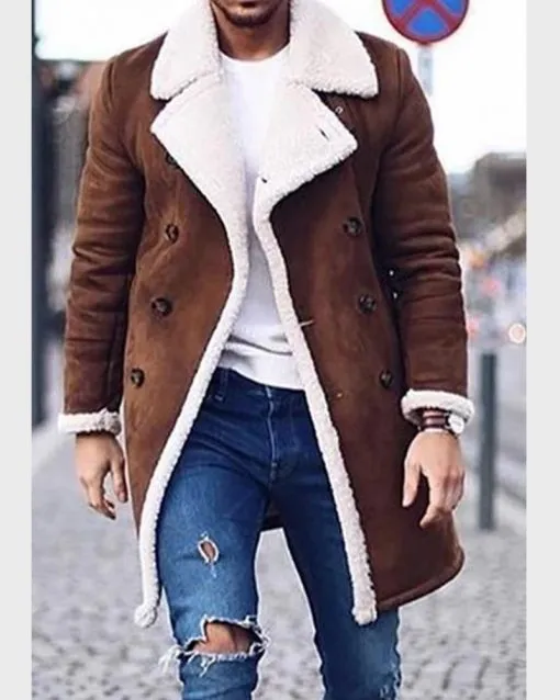 Men's Faux Fur Collar Shearling Double-Breasted Leather Coat by TJS