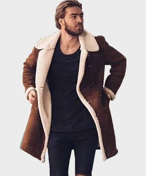 Men's Faux Fur Collar Shearling Double-Breasted Leather Coat by TJS