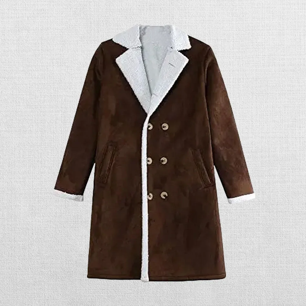 Men's Faux Fur Collar Shearling Double-Breasted Leather Coat by TJS