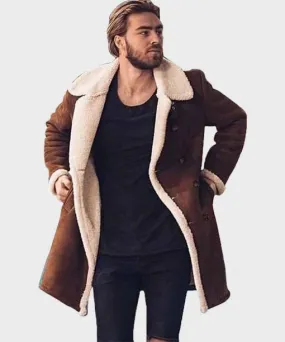 Men's Faux Fur Collar Shearling Double-Breasted Leather Coat by TJS