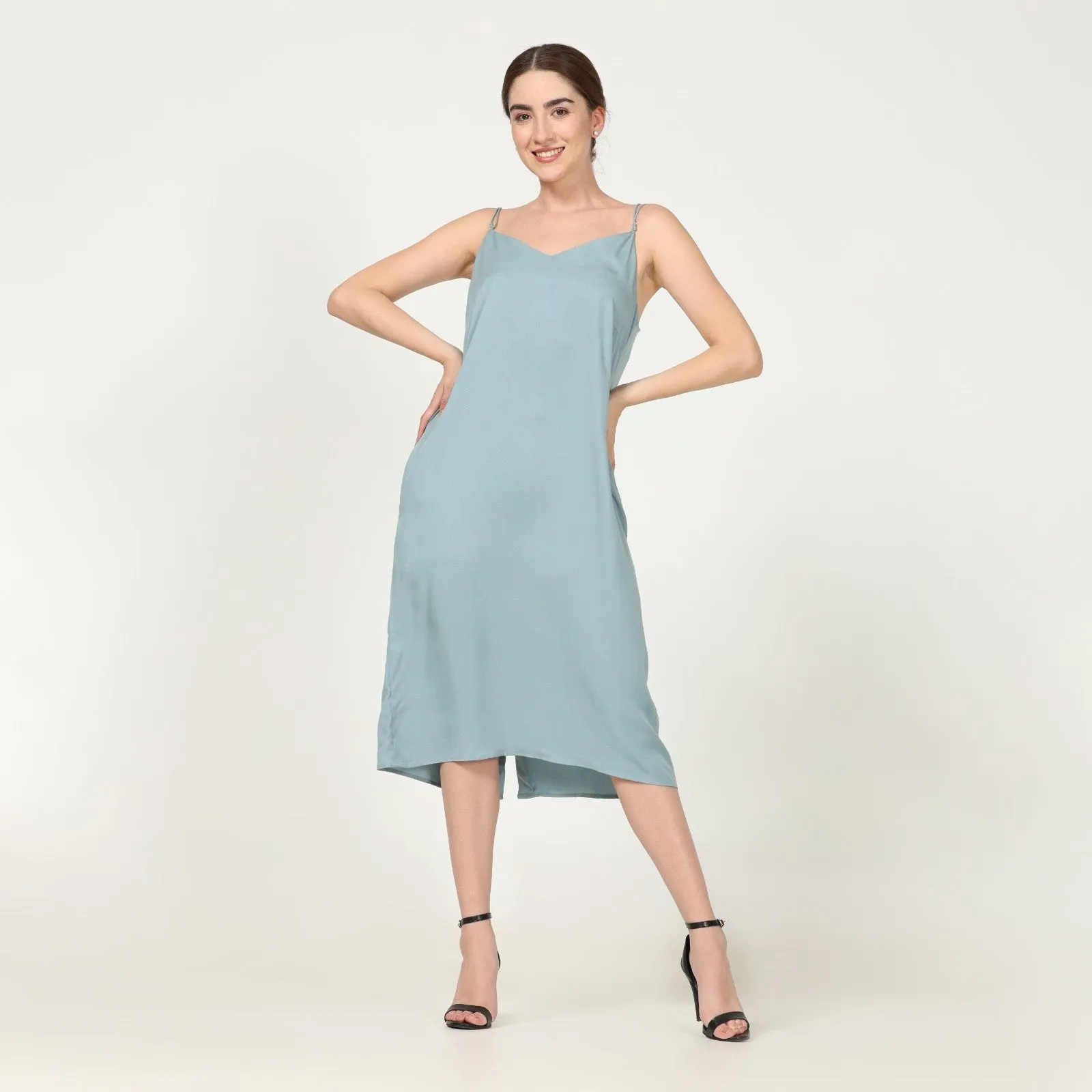 Powder Blue Women's Chic Slip On Strappy Dress | Effortless Elegance