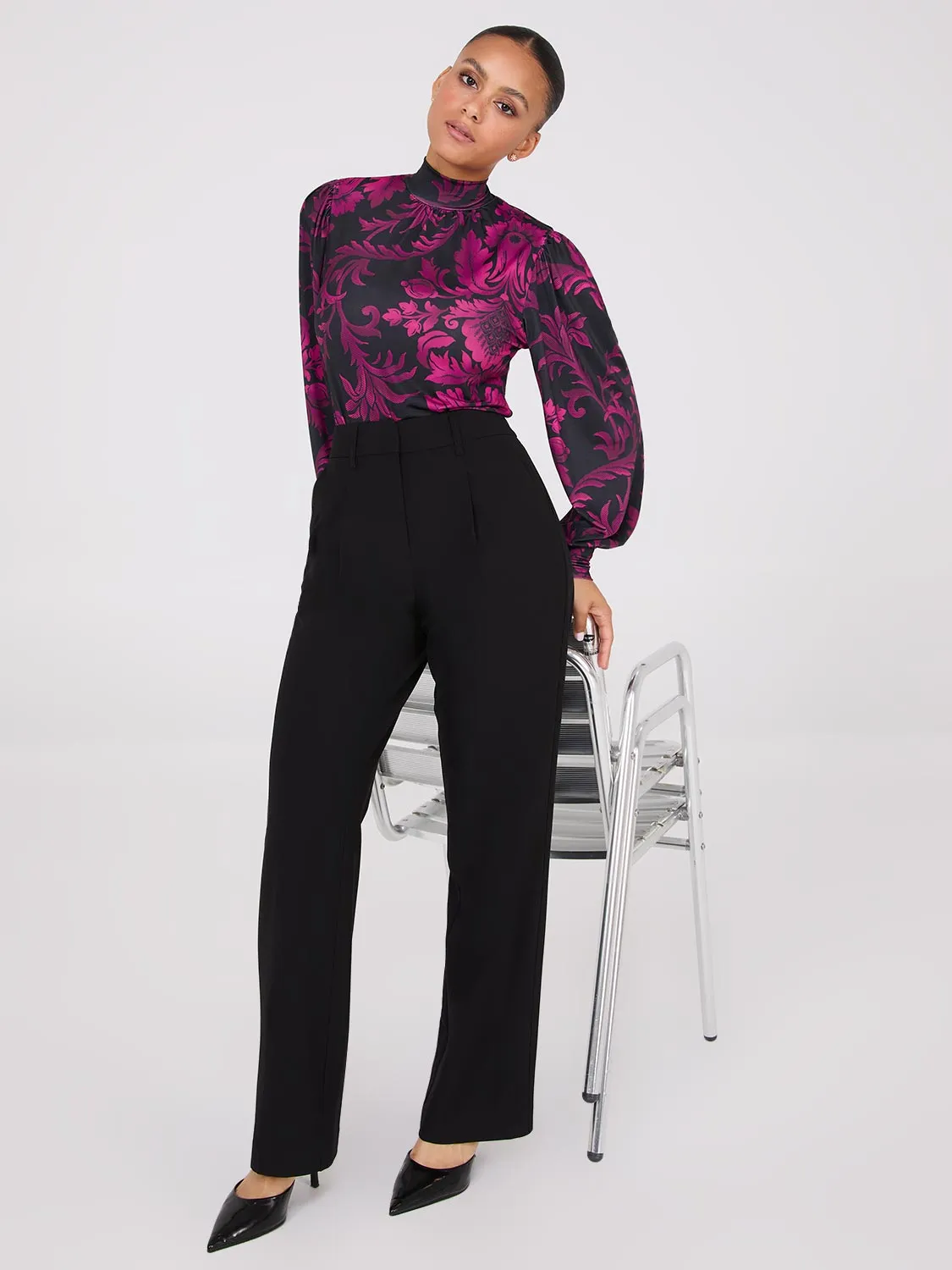 Printed Long Balloon Sleeve Mock Neck Blouse