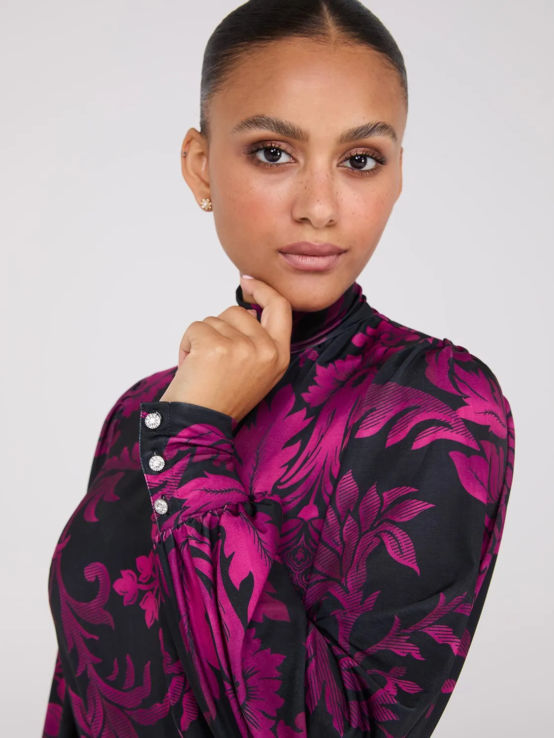 Printed Long Balloon Sleeve Mock Neck Blouse
