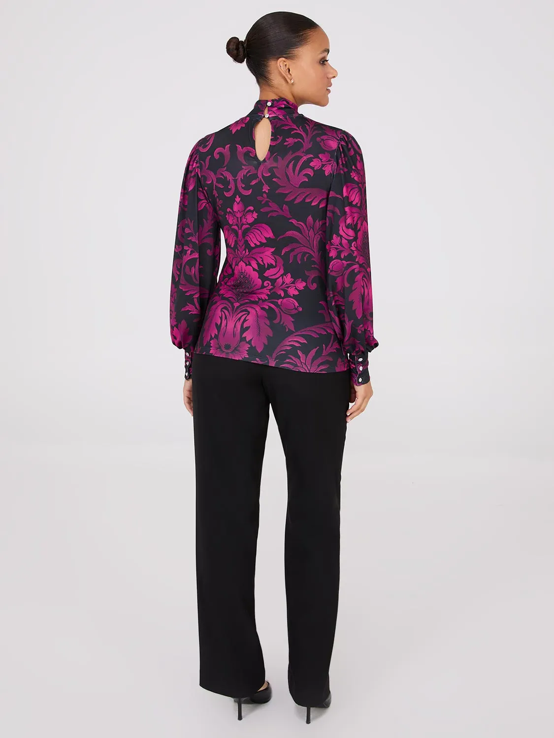 Printed Long Balloon Sleeve Mock Neck Blouse