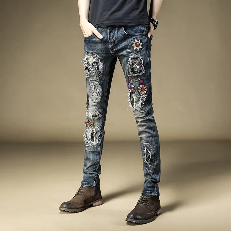 Ripped Effect Colorful Patchwork Men Skinny Jeans