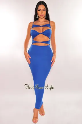 Royal Blue Cut Out Knotted Slim Fit Maxi Dress