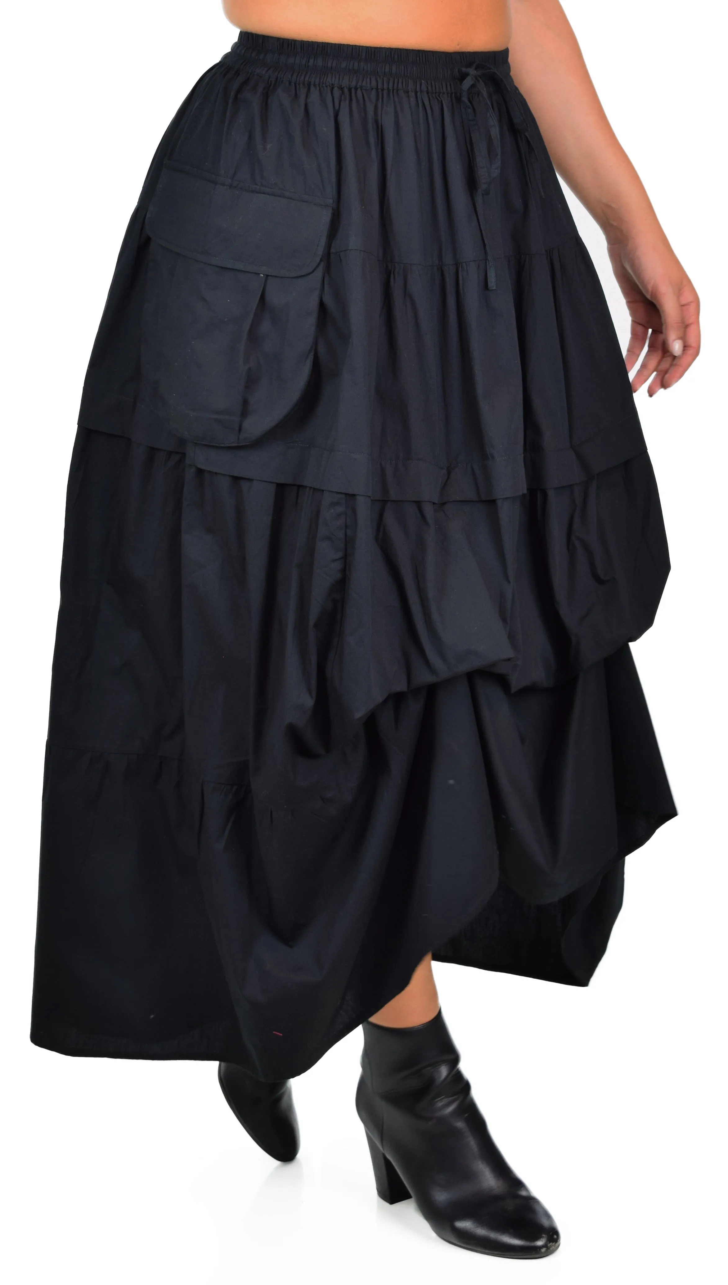Women Black Plus Size Broomstick Skirt, 3 Tiered Midi Ruffle Skirt