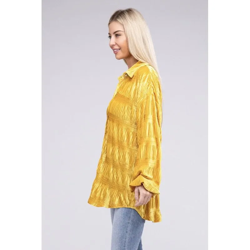 Wrinkle Effect Tiered Shirring Velvet Shirt
