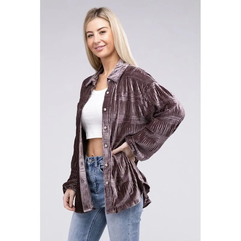 Wrinkle Effect Tiered Shirring Velvet Shirt