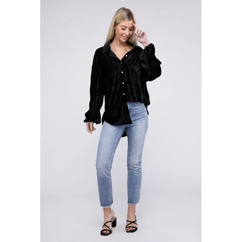 Wrinkle Effect Tiered Shirring Velvet Shirt